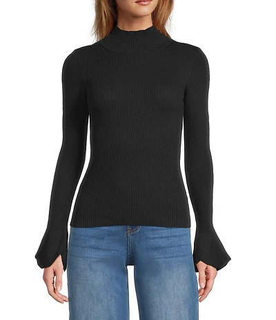 Sugarlips Malvern Bay Ribbed Knit Mock Neck Long Sleeve Flared Tulip Cuff Sweater