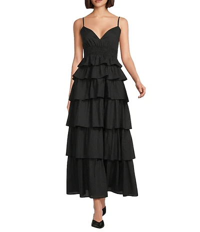 Sugarlips Mavey Cotton Poplin Smocked V-Neck Tiered Ruffle Maxi Dress