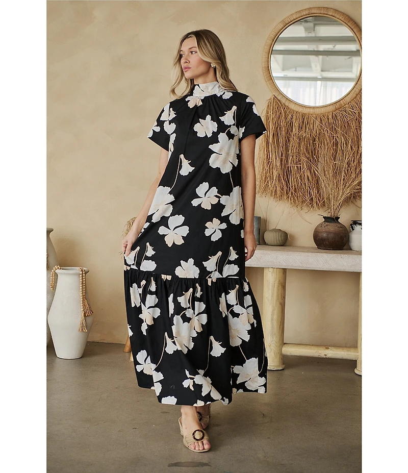Sugarlips Medina Floral Dime Mock Neck Short Sleeve Maxi Dress