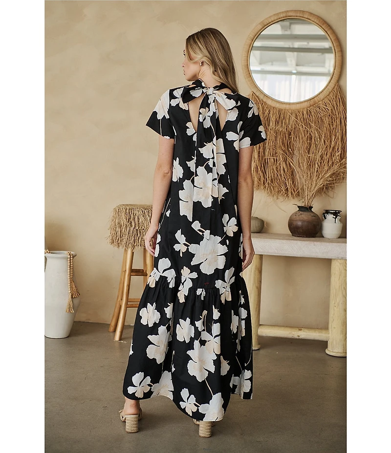 Sugarlips Medina Floral Dime Mock Neck Short Sleeve Maxi Dress