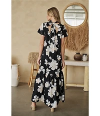 Sugarlips Medina Floral Dime Mock Neck Short Sleeve Maxi Dress