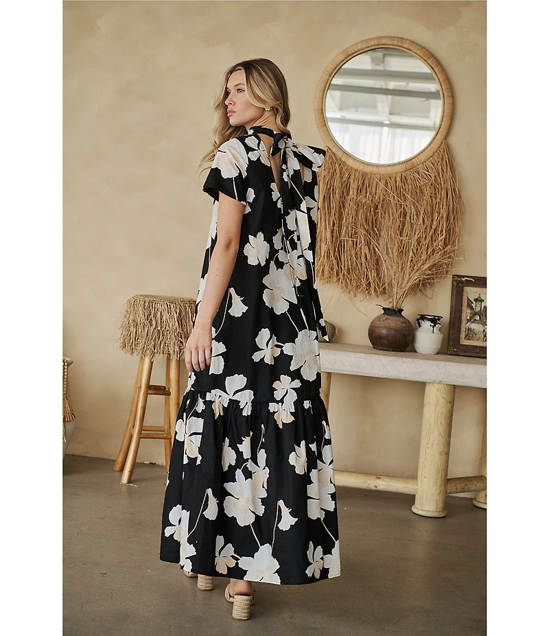 Sugarlips Medina Floral Dime Mock Neck Short Sleeve Maxi Dress