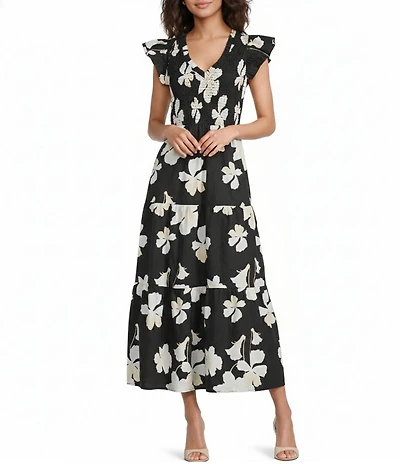 Sugarlips Medina Floral Sunfire V-Neck Sleeveless Tiered Midi Dress