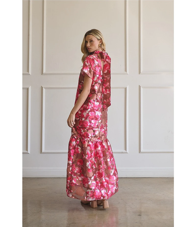 Sugarlips Mersin Sheer Floral Jacquard Organa Mock Neck Short Sleeves Tiered Hem Shift Maxi Dress