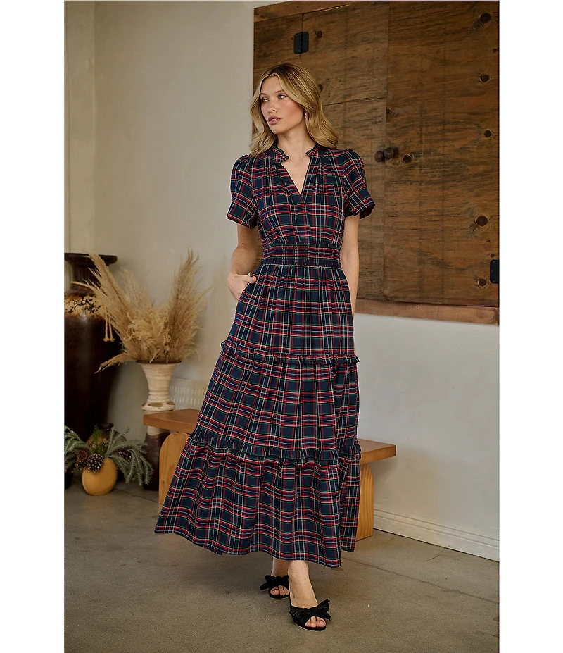 Sugarlips Miley Poplin Plaid Print Split V-Neck Short Sleeve Maxi Dress