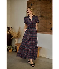 Sugarlips Miley Poplin Plaid Print Split V-Neck Short Sleeve Maxi Dress