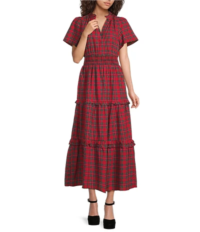Sugarlips Miley Red Plaid Poplin Smocked Split V-Neck Tiered Maxi Dress