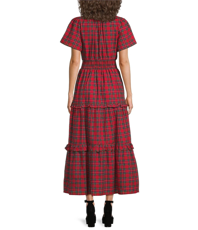 Sugarlips Miley Red Plaid Poplin Smocked Split V-Neck Tiered Maxi Dress