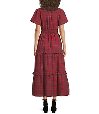 Sugarlips Miley Red Plaid Poplin Smocked Split V-Neck Tiered Maxi Dress