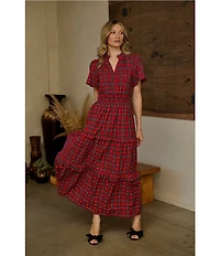 Sugarlips Miley Red Plaid Poplin Smocked Split V-Neck Tiered Maxi Dress