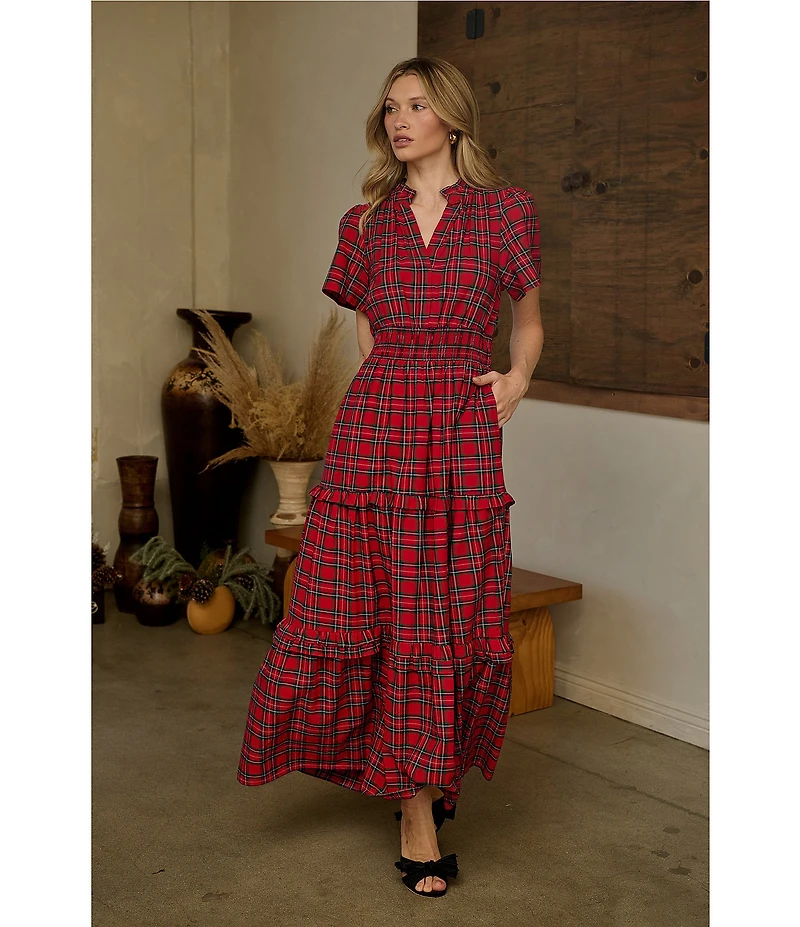 Sugarlips Miley Red Plaid Poplin Smocked Split V-Neck Tiered Maxi Dress