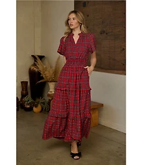 Sugarlips Miley Red Plaid Poplin Smocked Split V-Neck Tiered Maxi Dress