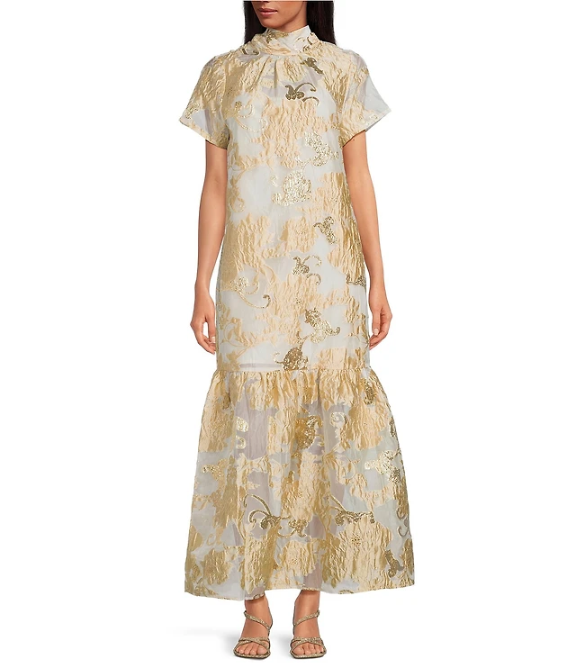 open lace back dress Dalarie | Green Floral Print One-Shoulder Gathered Maxi Dress main image 0