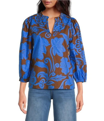 Sugarlips Ofelia Floral Print Kiley Ruffle Split V-Neck Balloon Sleeve Blouse