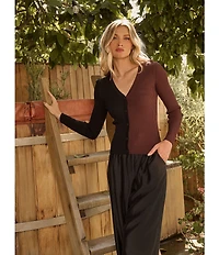 Sugarlips Olivia Mill Color Block Ribbed Knit V-Neck Long Sleeve Button Front Cardigan