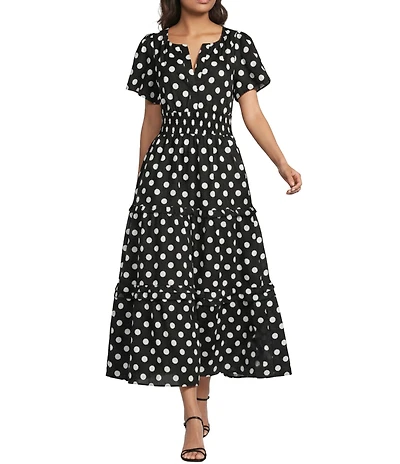 Sugarlips Palmer Polka Dot Split V-Neck Short Sleeve Tiered Poplin Maxi Dress
