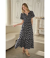 Sugarlips Palmer Polka Dot Split V-Neck Short Sleeve Tiered Poplin Maxi Dress