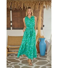 Sugarlips Penola Cileah Printed Collared Sleeveless Poplin Maxi Shirt Dress