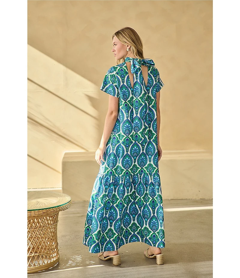 Sugarlips Petite Size Abstract Dime Printed Mock Neck Short Sleeve Maxi Dress