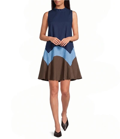 Sugarlips Petite Size Balsy Color Bock Ruffle Mock Neck Sleeveless Poplin Shift Mini Dress