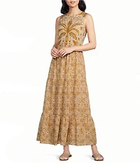 Sugarlips Petite Size Calina Tropical Printed Jivie Crew Neck Sleeveless Cut Out Linen Maxi Dress