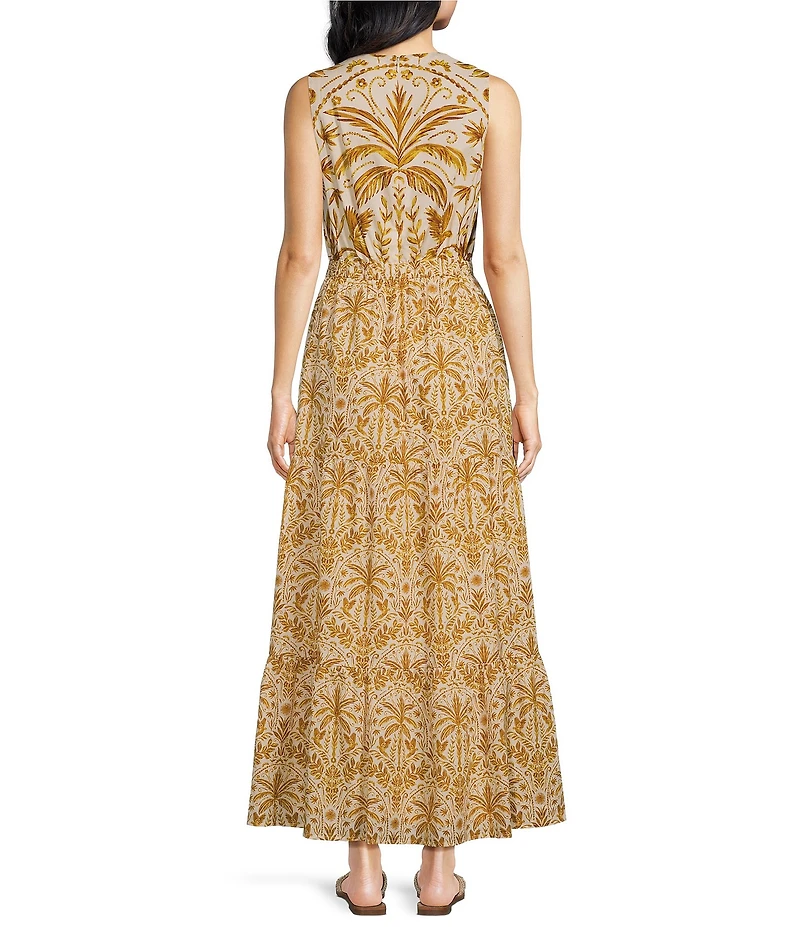Sugarlips Petite Size Calina Tropical Printed Jivie Crew Neck Sleeveless Cut Out Linen Maxi Dress