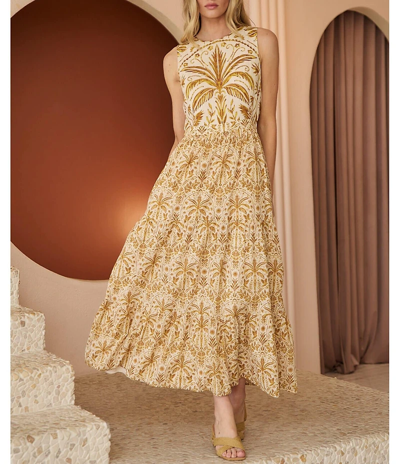 Sugarlips Petite Size Calina Tropical Printed Jivie Crew Neck Sleeveless Cut Out Linen Maxi Dress