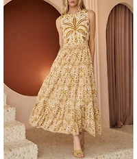 Sugarlips Petite Size Calina Tropical Printed Jivie Crew Neck Sleeveless Cut Out Linen Maxi Dress