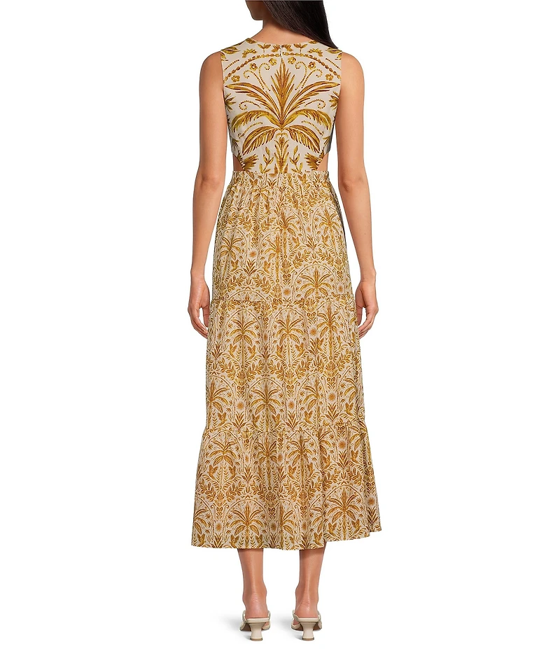 Sugarlips Petite Size Calina Tropical Printed Jivie Crew Neck Sleeveless Cutout Linen Maxi Dress