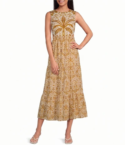Sugarlips Petite Size Calina Tropical Printed Jivie Crew Neck Sleeveless Cutout Linen Maxi Dress