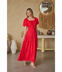 Sugarlips Petite Size Embroidered Eyelet Square Neck Short Sleeve Coordinating Poplin Top