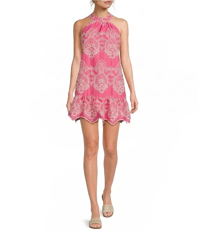 Sugarlips Petite Size Eyelet Laly Floral Embroidered Halter Neck Sleeveless Ruffle Hem Mini Dress