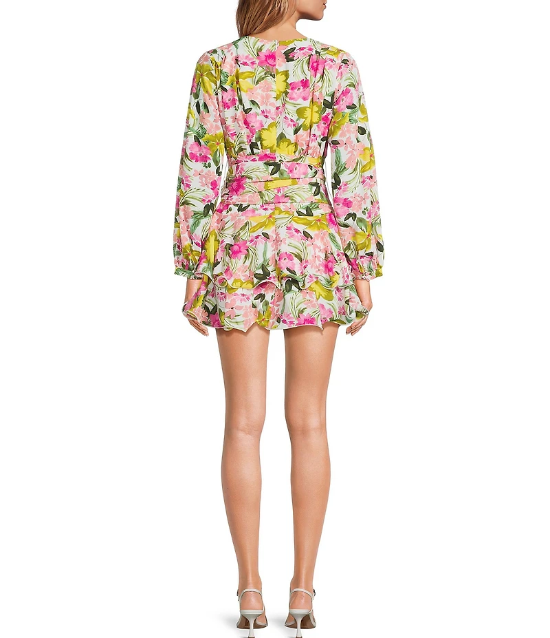 Sugarlips Petite Size Floral Print Kery V-Neck Long Sleeve Tiered Mini Dress