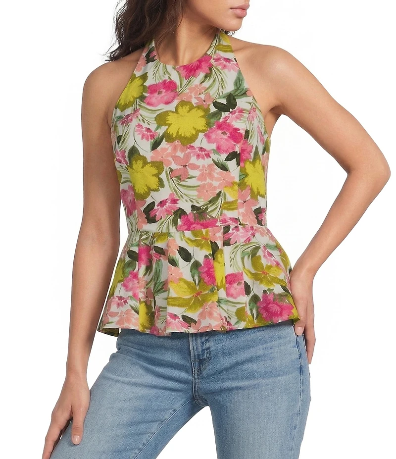 Sugarlips Petite Size Helen Floral Print Halter Neck Sleeveless Peplum Top