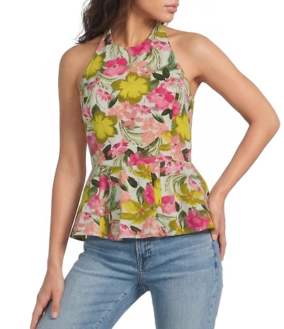 Sugarlips Petite Size Helen Floral Print Halter Neck Sleeveless Peplum Top