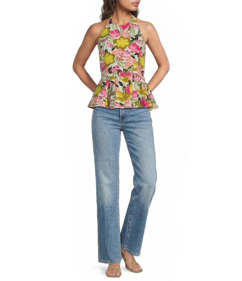 Sugarlips Petite Size Helen Floral Print Halter Neck Sleeveless Peplum Top