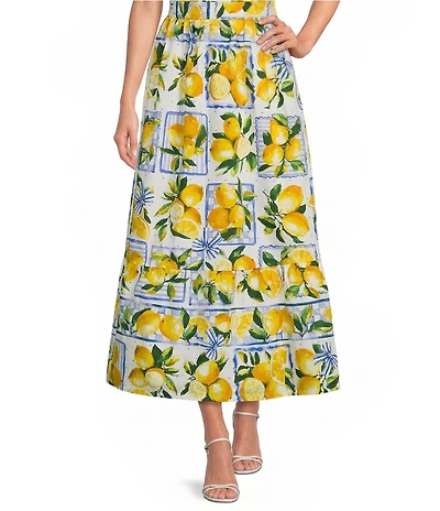 Sugarlips Petite Size Lemon Print Katana High Rise Pleated Coordinating Maxi Skirt