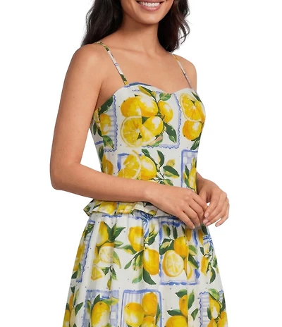 Sugarlips Petite Size Lemon Print Sweetheart Neck Sleeveless Smocked Coordinating Tank Top