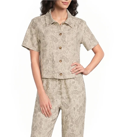 Sugarlips Petite Size Paisley Printed Collared Short Sleeve Coordinating Denim Shirt-Jacket
