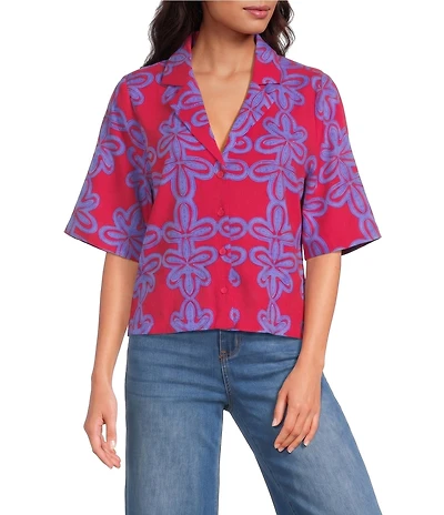 Sugarlips Petite Size Rory Abstract Viola Split Collar Short Sleeve Button Down Coordinating Linen Top