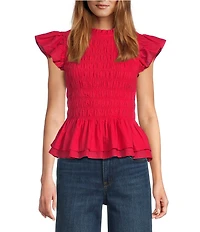 Sugarlips Petite Size Ruffle Mock Neckline Sleeveless Smocked Peplum Top