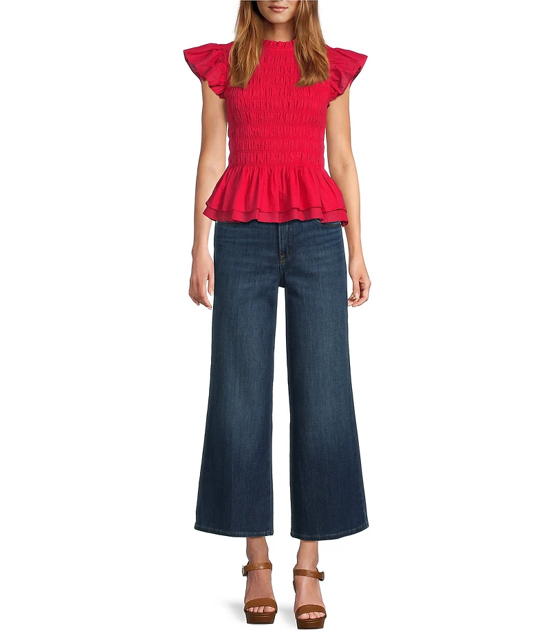 Sugarlips Petite Size Ruffle Mock Neckline Sleeveless Smocked Peplum Top