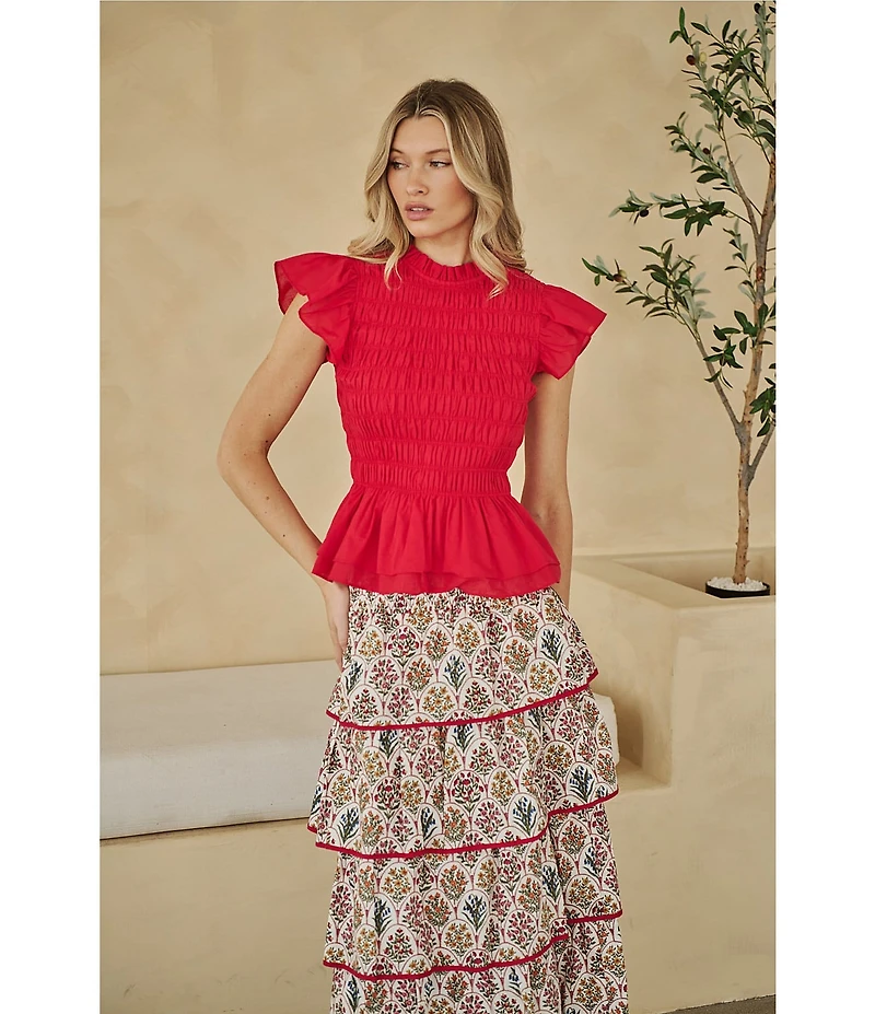 Sugarlips Petite Size Ruffle Mock Neckline Sleeveless Smocked Peplum Top