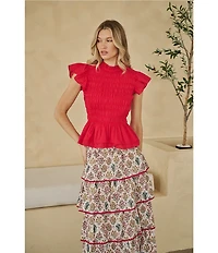 Sugarlips Petite Size Ruffle Mock Neckline Sleeveless Smocked Peplum Top