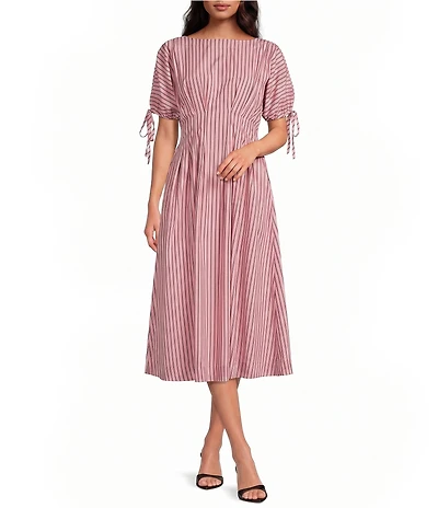 Sugarlips Petite Size Striped Fessia Boat Neck Short Sleeve Pleated Waist Midi Dress