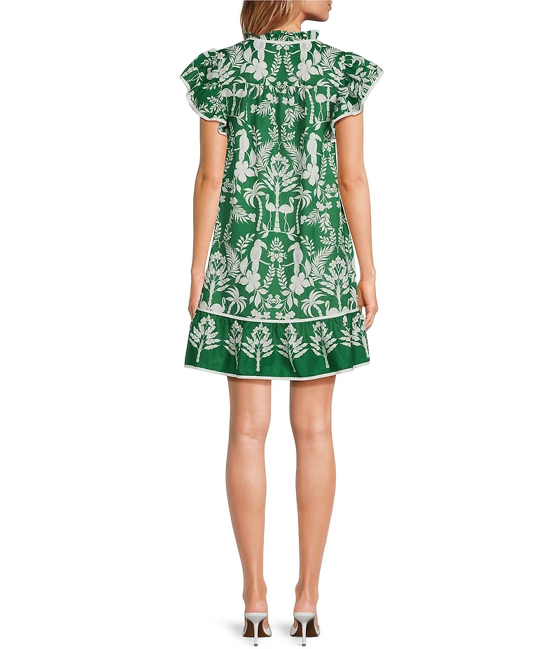 Sugarlips Petite Size Tropical Ebba Printed Split Neck Ruffle Cap Sleeve Mini Shift Dress