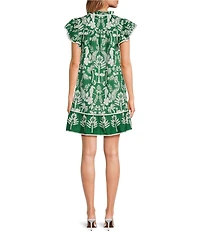 Sugarlips Petite Size Tropical Ebba Printed Split Neck Ruffle Cap Sleeve Mini Shift Dress