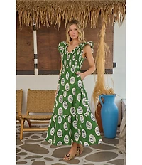 Sugarlips Petite Size Tropical Sunfire Printed V-Neck Sleeveless Tiered A-Line Maxi Dress