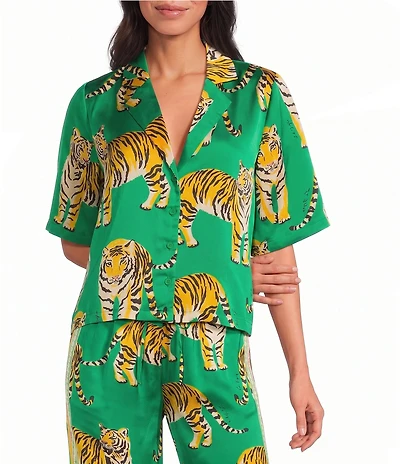 Sugarlips Petite Size Violda Tiger Printed Satin Collared Short Sleeve Button Down Coordinating Top