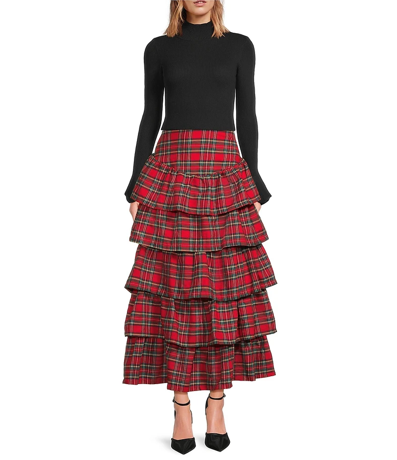 Sugarlips Plaid Print High Waist Ruffle Tiered Pull-On Maxi Skirt